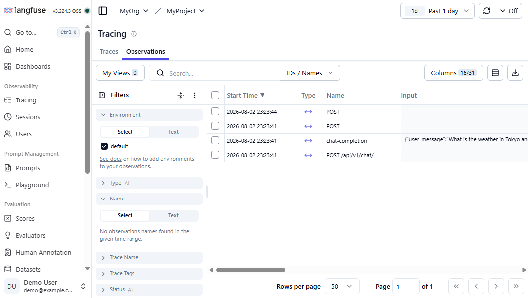 Langfuse observations list showing SPAN and GENERATION rows for chat requests