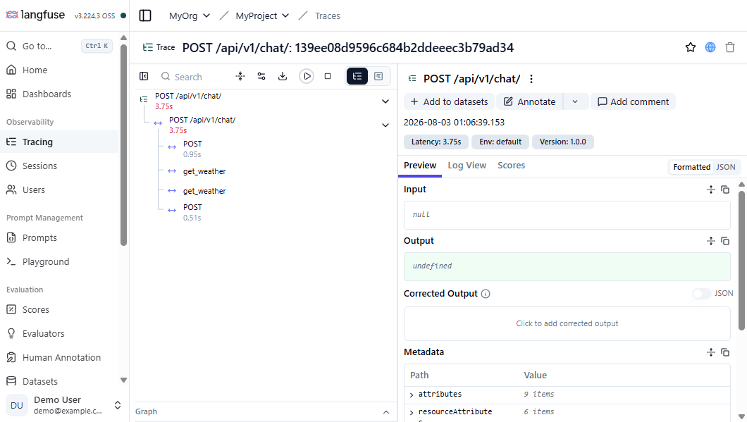 Langfuse trace detail showing root span, chat-completion, HTTP posts, and get_weather tool-call observations