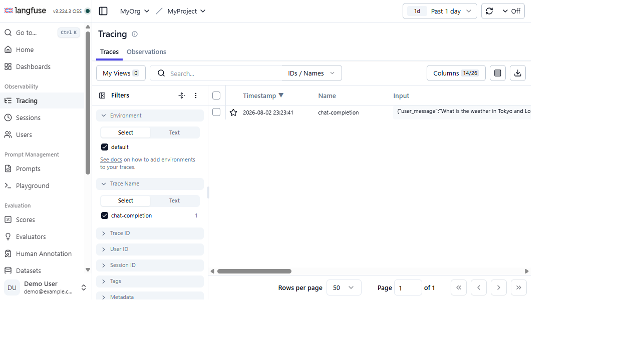 Langfuse traces list showing chat-completion traces with multiple observations