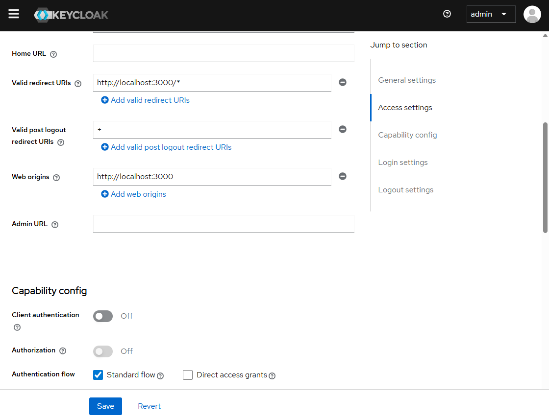 Keycloak code-flow-client access settings
