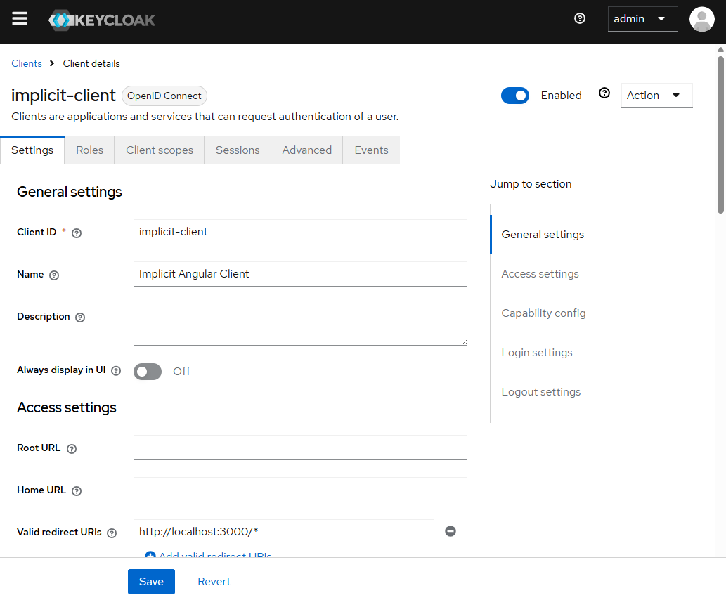 Keycloak Angular client capability settings