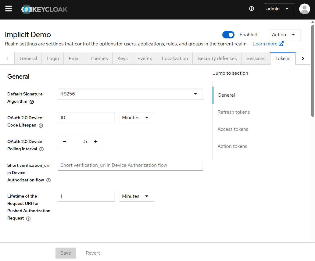 Keycloak realm token settings